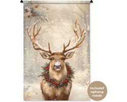 Wandkleed 90x135 cm - Wanddoek Kerst - Rendier - Winter - Krans - Wandtapijt - Wandkleden - Kerstdecoratie voor binnen - Kerstversiering woonkamer decoratie - Kerstmis versiering in huis - Christmas decorations - Kerstaccessoires