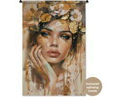 Wandkleed 90x135 cm - Wanddoek Vrouw - Bloemen - Goud - Portret - Wandtapijt - Wandkleden
