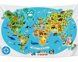 Wandkleed binnen - Wandtapijt - Wereldkaart - Dieren - Muurkleed - Wanddoek Stof - 200 x 150 cm - Wanddecoratie - Wandhanger - Muurhanger - Fotobehang - Poster - Ulticool - Decoratie - Kinderkamer - Klaslokaal