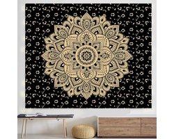 Wandkleed- Groot wandtapijt - Poster-Wandtapijt- Tapijt muur hangende -Mandala gooien hippie Ombre Boheemse gouden sprei, (Queen Size, 180*230cm), Zwart Goud Bloem
