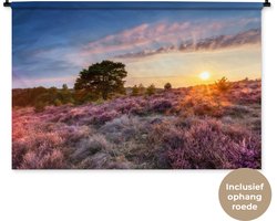 Wandkleed Landschappen Nederland - Bloeiende heide tijdens zonsondergang in Nederland Wandkleed katoen 150x100 cm - Wandtapijt met foto