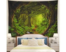 Wandkleed met bosachtige natuurboomgrot - Mistige bosstroom door regenwoudlandschap Jungle Creek Psychedelisch wandtapijt voor de woonkamer