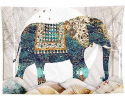 Wandkleed Olifant - Wanddecoratie Deken - Woonkamer Decoreren - Oosters Aziatisch Design - 180 x 230 cm - Blauw Beige