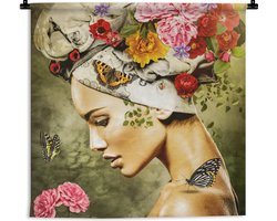 Wandkleed - Vrouw - Bloemen - Vlinder - Hoofddoek - Groen - Muurkleed - Katoen - Woondecoratie - Woonkamer - Wandtapijt - 120x120 cm - Tapestry - Wandkleden voor binnen - Muurdecoratie - Wandkleden - Wanddoek
