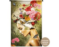 Wandkleed - Vrouw - Bloemen - Vlinder - Hoofddoek - Groen - Muurkleed - Katoen - Woondecoratie - Woonkamer - Wandtapijt - 90x135 cm - Tapestry - Wandkleden voor binnen - Muurdecoratie - Wandkleden - Wanddoek
