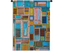 Wandkleed - Wanddoek - Deuren - Blauw - Abstract - Architectuur - Neon - 60x80 cm - Wandtapijt