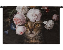 Wandkleed - Wanddoek - Kat - Bloemen - Kunst - 60x40 cm - Wandtapijt
