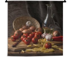 Wandkleed - Wanddoek - Snijplank - Groente - Stilleven - Pasta - Uit - Tomaat - Snijplank - 90x90 cm - Wandtapijt
