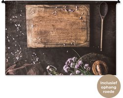 Wandkleed - Wanddoek - Snijplank - Kruiden - Lepel - Keuken - Rustiek - Vijzel - Bieslook - 150x100 cm - Wandtapijt