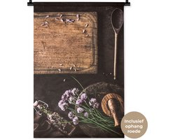 Wandkleed - Wanddoek - Snijplank - Kruiden - Lepel - Keuken - Rustiek - Vijzel - Bieslook - 60x90 cm - Wandtapijt