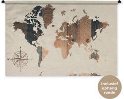 Wandkleed WereldkaartenKerst illustraties - Wereldkaart van donker hout met een windroos op een rozige achtergrond Wandkleed katoen 150x100 cm - Wandtapijt met foto
