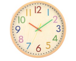 Wandklok, 12 inch stille kwartswandklok, gemakkelijk af te lezen kleurrijke Arabische cijfers, geschikt voor woonkamer, eetkamer, klaslokaal (geel)