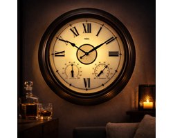 Wandklok 45 cm – Binnen/Buiten – Industrieel – Stil & Verlicht – Waterdicht – Met Thermometer & Hygrometer – Zwart/Dark Brons