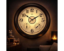 Wandklok 45 cm – Binnen/Buiten – Industrieel – Stil & Verlicht – Waterdicht – Met Thermometer & Hygrometer – Zwart/Dark Brons