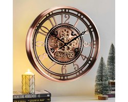 Wandklok Ø53 cm – Industriële Steampunk Klok met Bewegende Tandwielen – Grote Metalen Design Klok in Brons & Koper – Stille Mechanische Look – Pauwhome