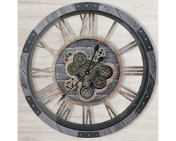 Wandklok 60 cm met Bewegende Tandwielen – Grote XXL Industriële Vintage Wandklok – Steampunk Design – Massief Hout & Gehard Glas – Stil Quartz – Pauwhome