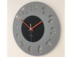 WANDKLOK AMSTERDAM GREY BLACK CIRCLE -- ORANGE POINTERS --  MODERN DUTCH DESIGN