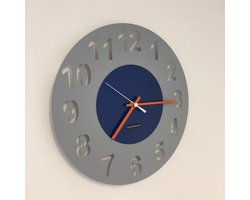 WANDKLOK AMSTERDAM GREY & BLUE CIRCLE -- ORANGE POINTERS -- MODERN DUTCH DESIGN