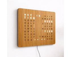 Wandklok Hout 46x38 cm – Duurzame Design Klok – LED Woordklok – Bamboe – Modern