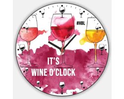 Wandklok It's wine o'clock - Klok - Wandklokken - Woondecoratie - Woonaccessoires - Modern - 22 cm - MDF - paars - wit - geel