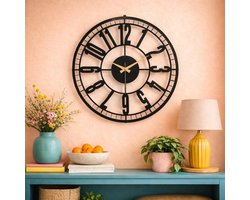 Wandklok MDF 50 cm – Grote Industriële Wandklok – Zwart – Moderne Open Klok voor Woonkamer, Keuken en Kantoor