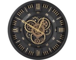 Wandklok met draaiende tandwielen - industriele wandklok - zwart goud - diameter 46cm