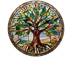 Wandklok met kleurrijk glas, levensboom-patroon, 30 cm, geruisloos, rond, vezelhout, voor slaapkamer, woonkamer, keuken, kantoor