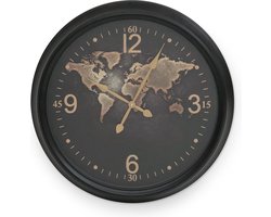 Wandklok met Wereldkaart - Zwart - 62 x 6.5 x 62cm