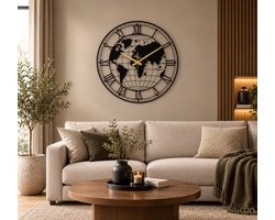 Wandklok Metaal-Wandklok Wereldkaart-Wandklok Design-Stil Uurwerk-50 cm-Zwart