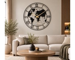 Wandklok Metaal-Wandklok Wereldkaart-Wandklok Romeinse cijfers-70cm-Stil Uurwerk-Zwart Goud