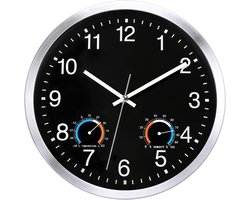 Wandklok van 30 cm, weerbestendig, met thermometer en hygrom, tuinklok, niet tikkend, stil, kwarts, batterijvoeding, grote klok voor tuin, badkamer (zwart)