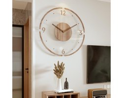 Wandklok -Vintage houten wandklok - transparante acryl wandklok - ronde - stille wandklok op batterijen - geruisloos - decoratieve klok voor woonkamer en slaapkamer - 35 cm
