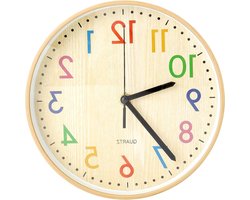 Wandklok voor kinderkamer - geruisloos, kleurrijke letters - 20 cm, houtnerf - kwarts, school kantoor woonkamer keuken - geel