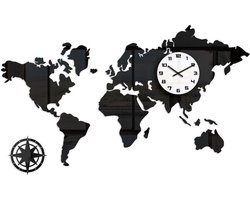 WANDKLOK WERELDKAART 3D ZWART 120 X 70 CM Modernklokken.nl
