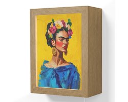 Wandlamp 15x20 cm - Oplaadbaar - Frida Kahlo - Vrouw - Geel - Blauw - Bloemen - Wandlampen binnen woonkamer - Slaapkamer lamp met kabel - Decoratieve nachtlamp - Vloerlamp snoer