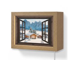 Wandlamp 20x15 cm - Oplaadbaar - Doorkijk - Winter - Landschap - Huisje - Bergen - Wandlampen binnen woonkamer - Slaapkamer lamp met kabel - Decoratieve nachtlamp - Vloerlamp snoer