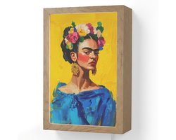 Wandlamp 20x30 cm - Oplaadbaar - Frida Kahlo - Vrouw - Geel - Blauw - Bloemen - Wandlampen binnen woonkamer - Slaapkamer lamp met kabel - Decoratieve nachtlamp - Vloerlamp snoer