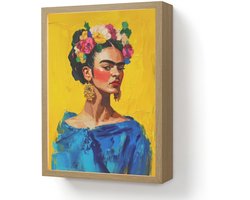Wandlamp 30x40 cm - Oplaadbaar - Frida Kahlo - Vrouw - Geel - Blauw - Bloemen - Wandlampen binnen woonkamer - Slaapkamer lamp - Decoratieve nachtlamp - Vloerlamp draadloos