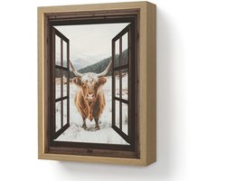 Wandlamp 30x40 cm - Oplaadbaar - Schotse Hooglander - Landschap - Landelijk - Bergen - Winter - Doorkijk - Donker - Wandlampen binnen woonkamer - Slaapkamer lamp - Decoratieve nachtlamp - Vloerlamp draadloos