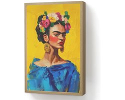 Wandlamp 40x60 cm - Oplaadbaar - Frida Kahlo - Vrouw - Geel - Blauw - Bloemen - Wandlampen binnen woonkamer - Slaapkamer lamp - Decoratieve nachtlamp - Vloerlamp draadloos