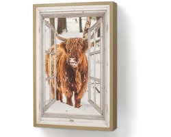Wandlamp 40x60 cm - Oplaadbaar - Schotse Hooglander - Sneeuw - Winter - Natuur - Dier - Doorkijk - Landelijk - Wandlampen binnen woonkamer - Slaapkamer lamp - Decoratieve nachtlamp - Vloerlamp draadloos