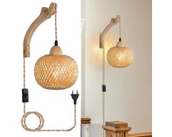Wandlamp Binnen Houten Retro Bamboe Lantaarn, E27 Creatieve Henneptouw Rieten Wandlamp Met Stekker En Schakelaar, Handgeweven Rotan Wandlamp Voor Slaapkamer Keuken (Zonder gloeilamp) [Energieklasse A]