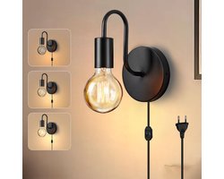 Wandlamp Binnen met Snoer - Binnenwandlamp Met Stekker Voor Binnen – E27 - Met Dimbare Schakelaar - Slaapkamer Bedlampje – Muurlamp Industrieel en Vintage - Zwart