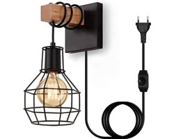 Wandlamp Binnen met Snoer - Binnenwandlamp Met Stekker Voor Binnen - met Dimbare Schakelaar - Slaapkamer Bedlampje – Muurlamp Industrieel en Vintage - Zwart