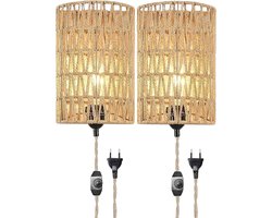 Wandlamp Binnen met Snoer - Wandlamp Binnen - Rotan, Boho, en Hennep Touw - Wandlamp met Schakelaar - Dimbaar en Stekker - Rustieke Vintage Wandlamp met 2m Kabel - Bedlamp Muur Retro - E27 - Wandspot voor Slaapkamer, Trap, en Gang - Beige