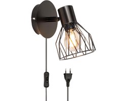 Wandlamp Binnen met Snoer - Wandlamp met Stekker voor Binnen - met Dimbare Schakelaar - Industrieel en Vintage - Slaapkamer Bedlampje - Zwart