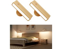 Wandlamp Binnen - Oplaadbaar - Wandlampen - Dimbare magnetische wandlamp - LED Wandlampen Draaibaar - voor slaapkamer,woonkamer - Wandgemonteerde leeslamp - 2-pack - Houten draadloze wandlamp