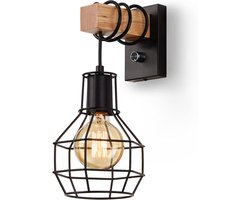 Wandlamp Binnen - Vintage Dimbaar - Wandlampen Binnen Woonkamer - met Schakelaar, Zwarte Industriële Wandlamp - Retro - Metaal en Hout - E27 - voor Trap, Hal, Café, Bar, Restaurant, Woonkamer