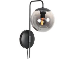 Wandlamp Bollique 4609ZW zwarte metalen wandlamp met smoke glas, E14 fitting, trendy stijl - Steinhauer