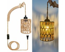 Wandlamp hout binnen, Vintage wandlamp met gevlochten rotan schaduw, E27 Retro wandverlichting met schakelaar en stekker, Landhuis, Rustiek, Voor slaapkamer, Woonkamer